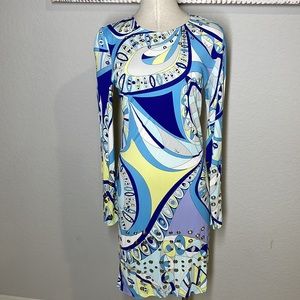 Emilio Pucci blue abstract silver hardware dress